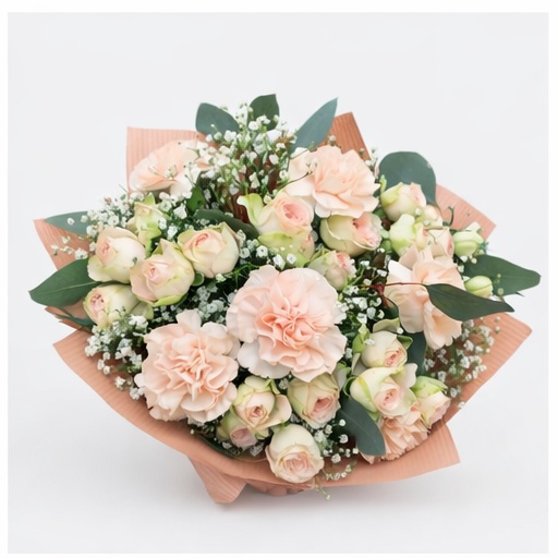 Romantyczny morelowy bukiet z goździkiem i gipsówką - Image 4