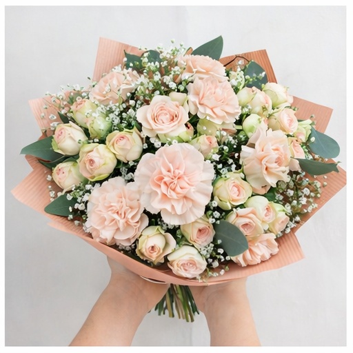 Romantyczny morelowy bukiet z goździkiem i gipsówką - Image 3