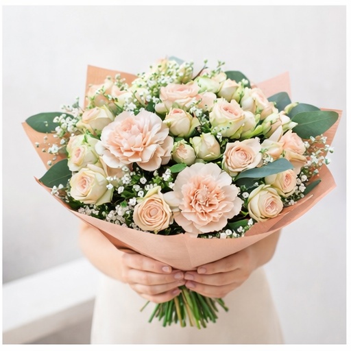 Romantyczny morelowy bukiet z goździkiem i gipsówką