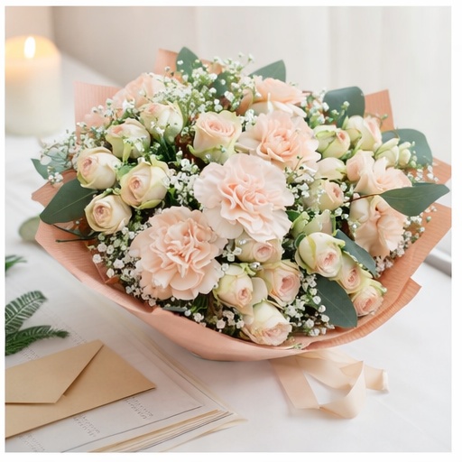 Romantyczny morelowy bukiet z goździkiem i gipsówką - Image 2